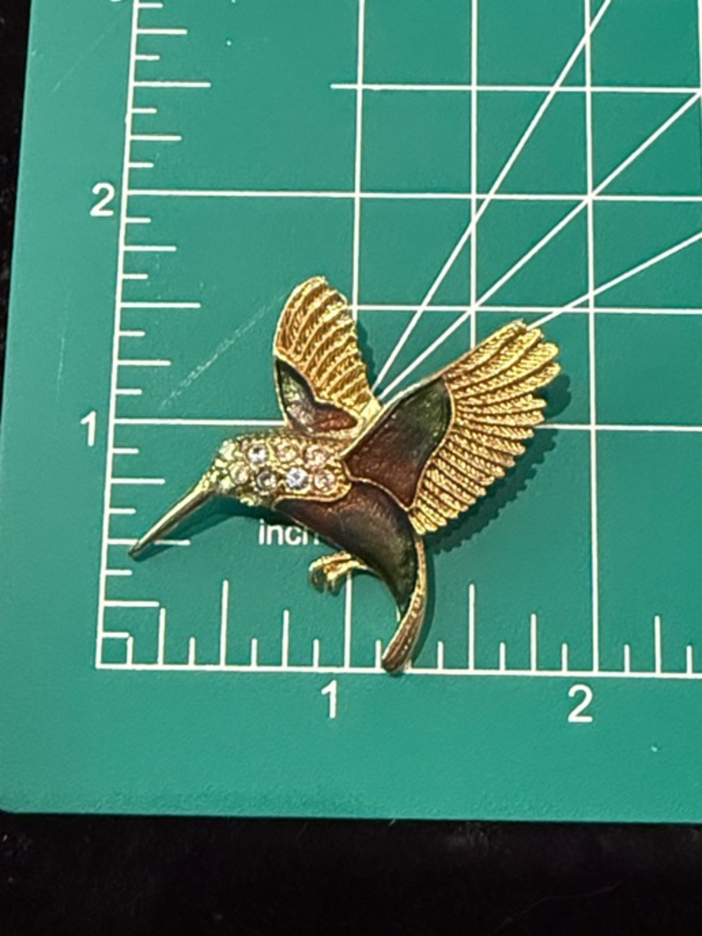 SFJ Gold Tone Hummingbird Brooch with Blue Green Enamel and Rhinestones. - Picture 3 of 4
